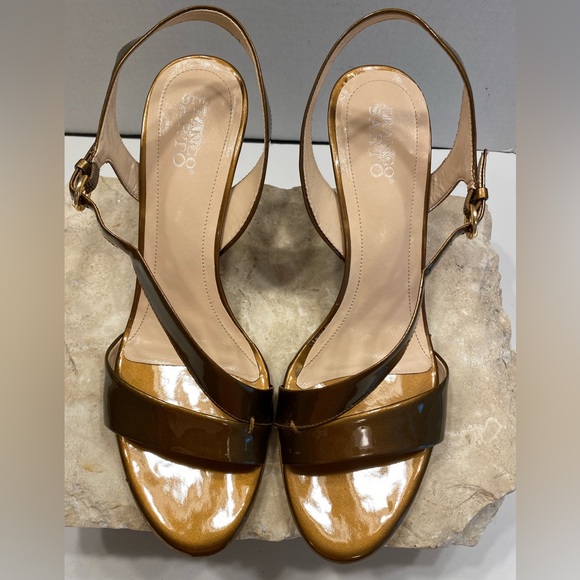 Sz 11 Franco Sarto Bronze Patent Leather Strappy Heeled Sandals - Picture 11 of 15